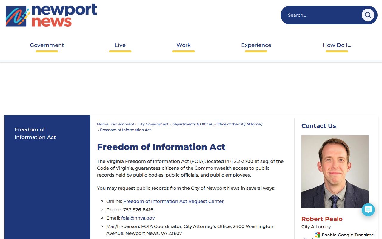 Newport News City warrant record access, city FOIA request page