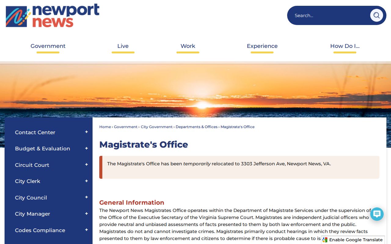 Newport News City arrest warrant process, 24-hour Magistrate's Office page