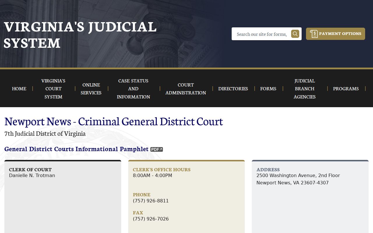 Newport News City bench warrant court, General District Court Criminal clerk page