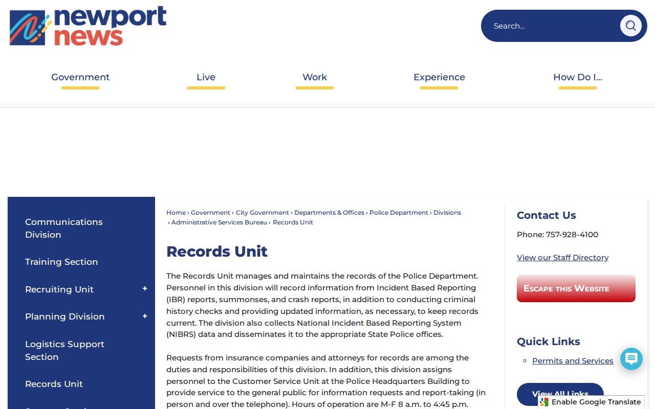 Newport News City active warrant records, NNPD Records Unit contact page