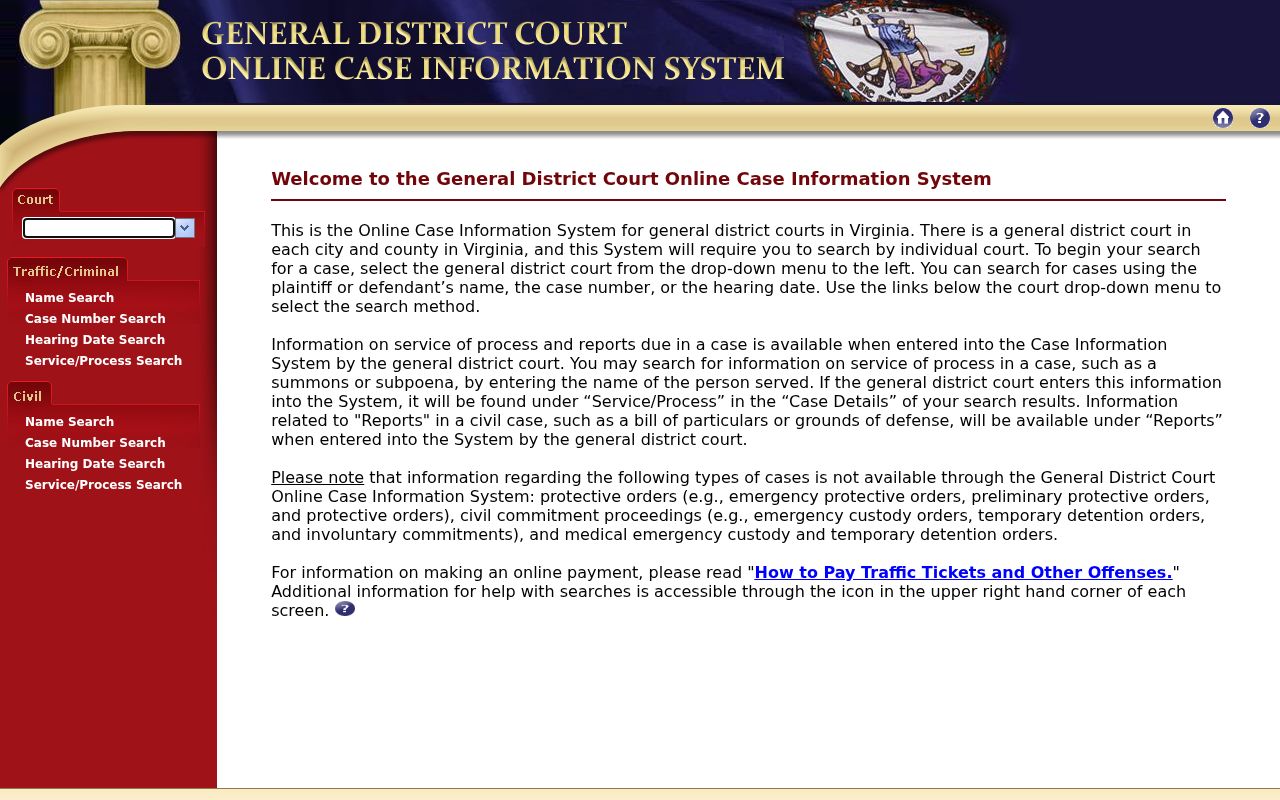 Newport News City warrant search, Virginia General District Court selector