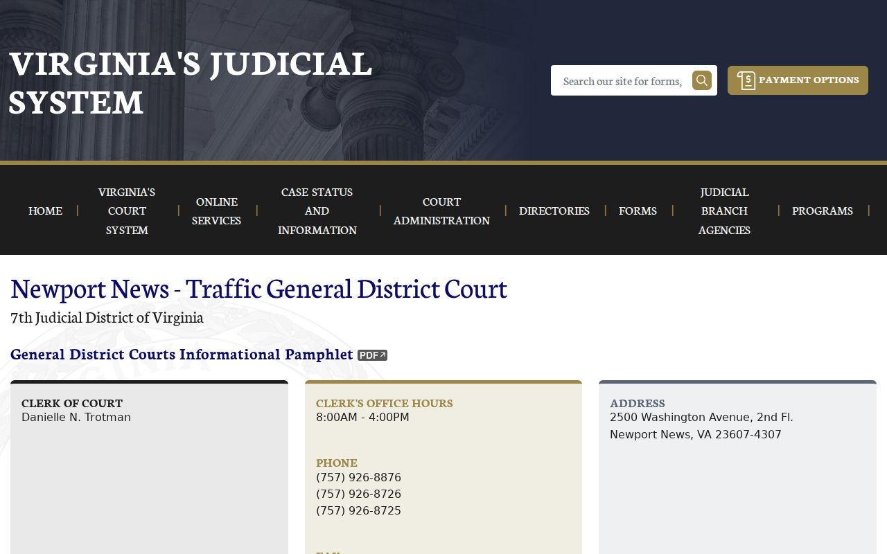 Newport News City traffic warrant court, General District Court Traffic contact page