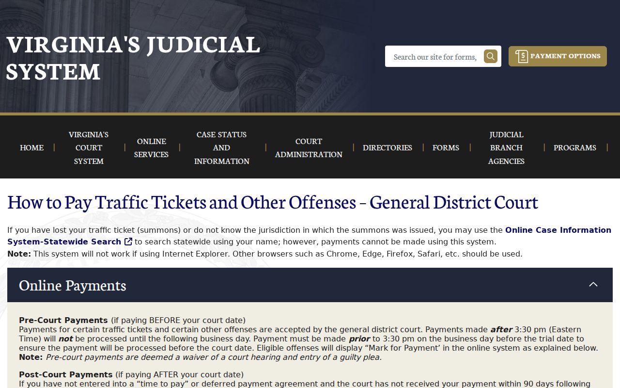 Newport News City traffic warrant payment instructions, Virginia court payment page