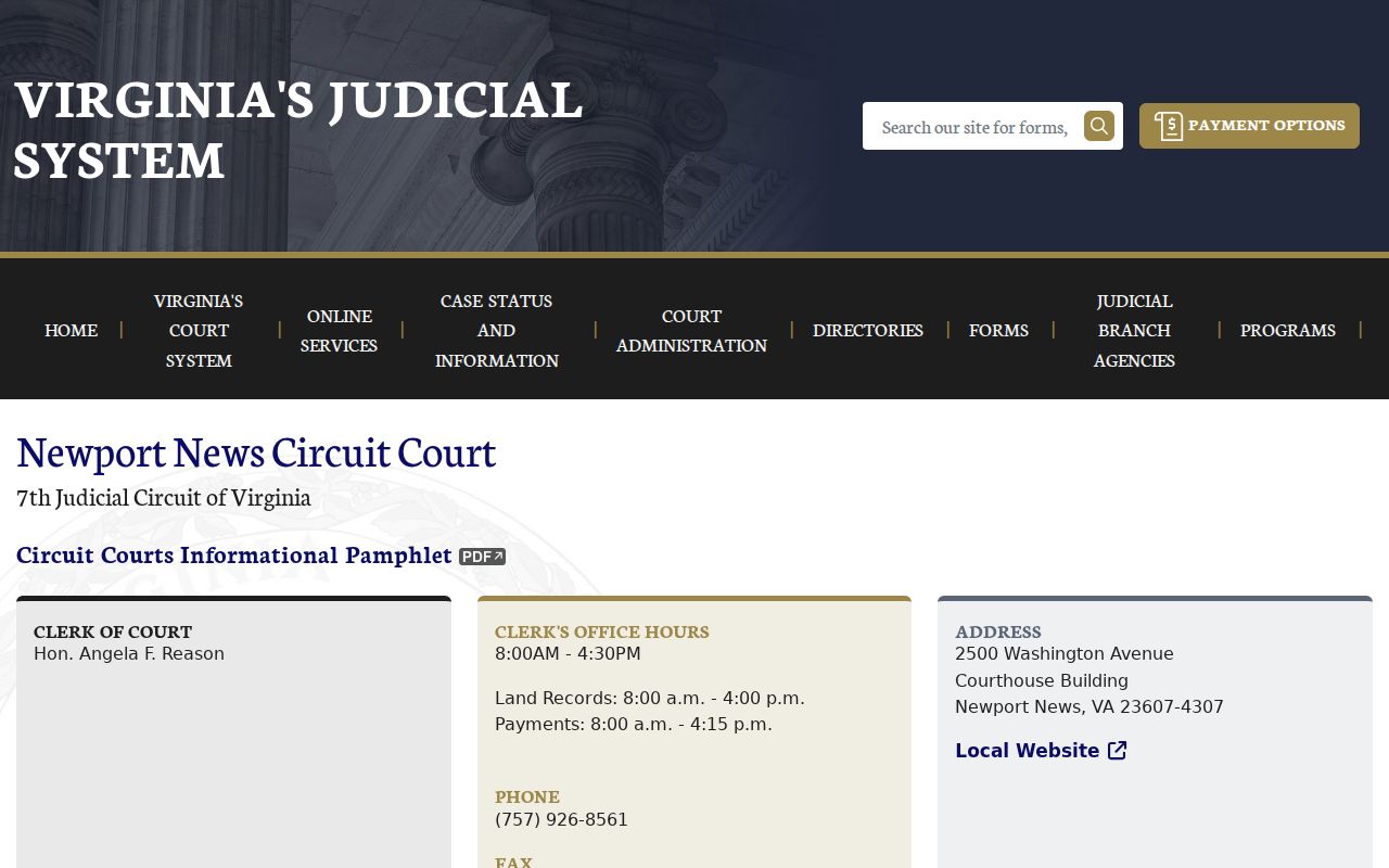 Newport News City warrant court routing, Circuit Court clerk page