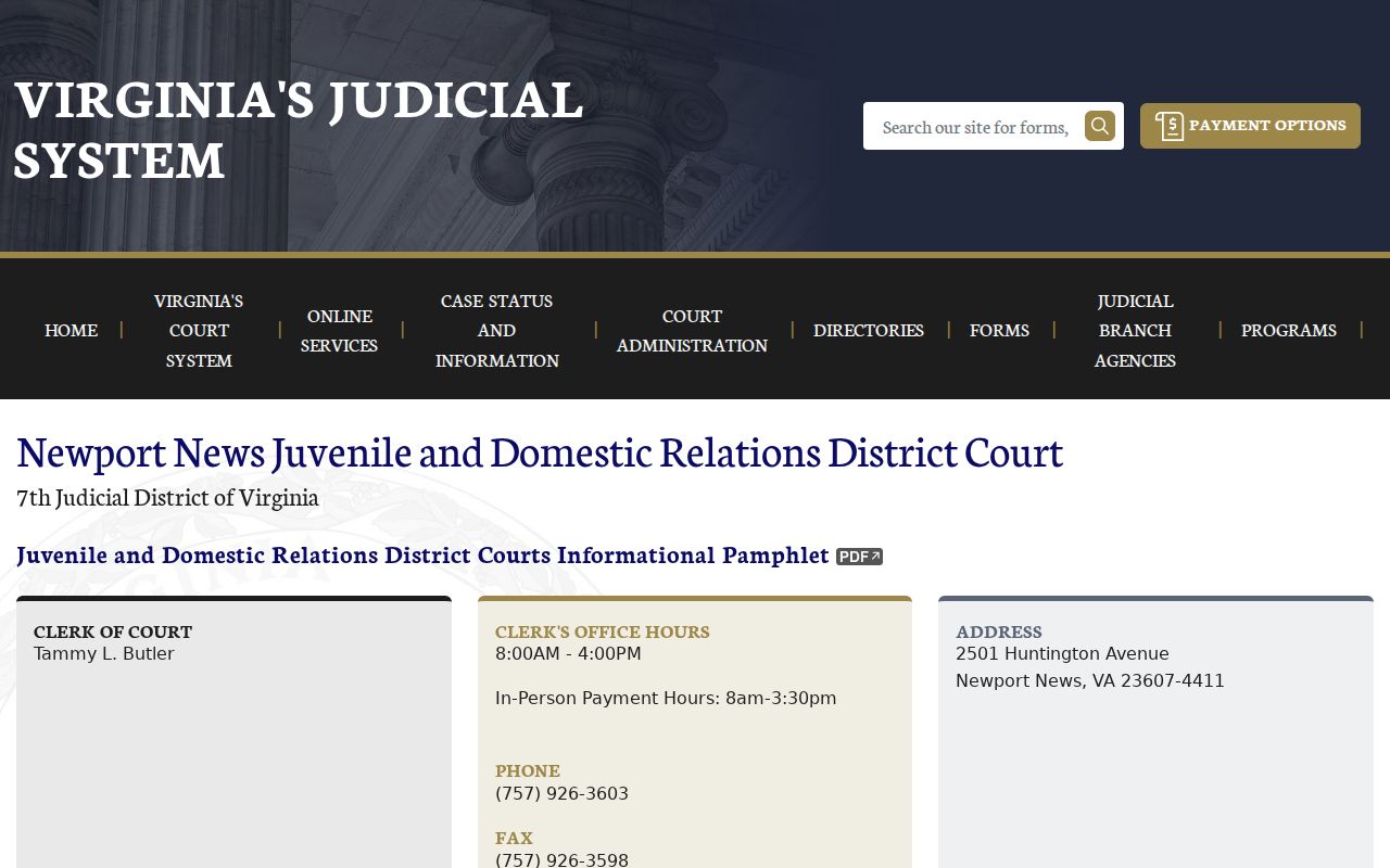 Newport News City warrant court routing, Juvenile and Domestic Relations Court page