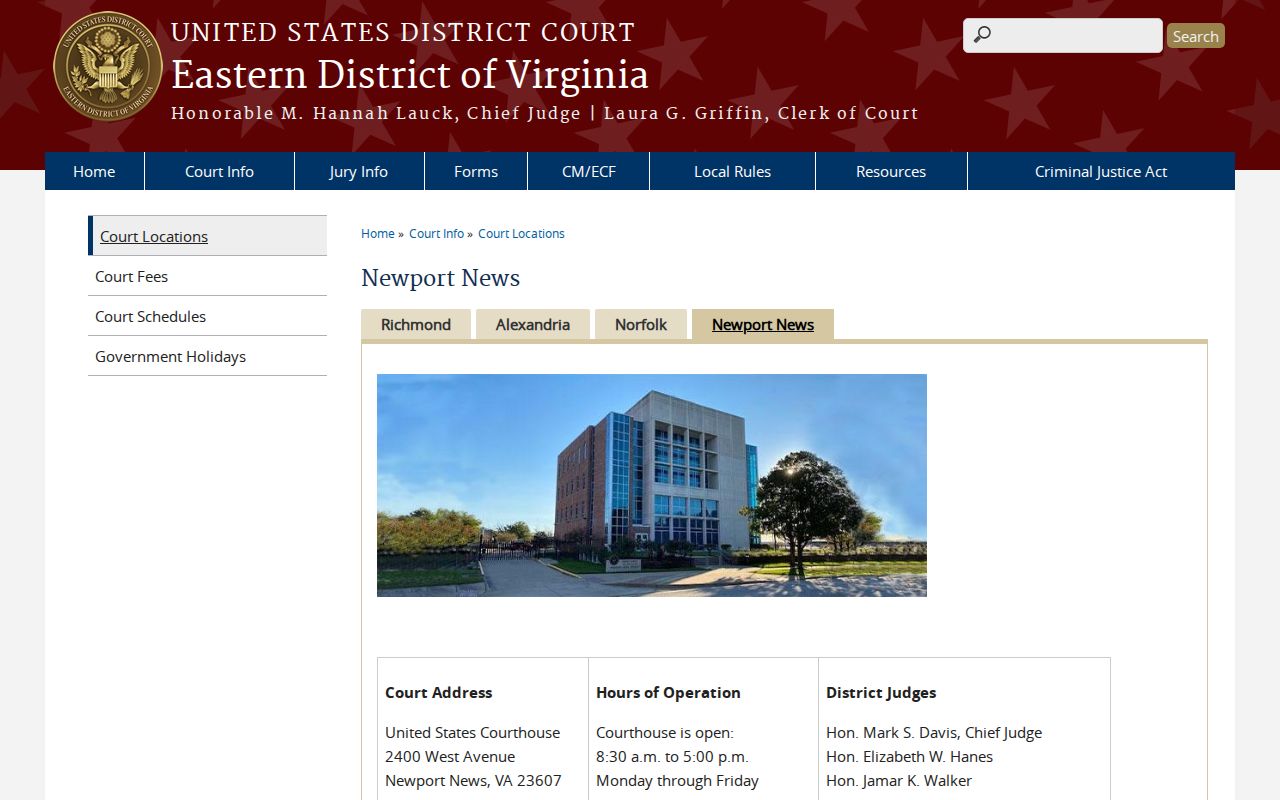 Newport News federal courthouse and separate federal court jurisdiction