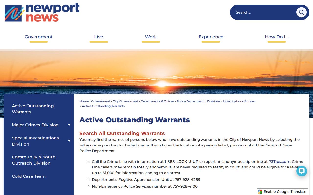 Newport News City warrant records, official active-warrant landing page